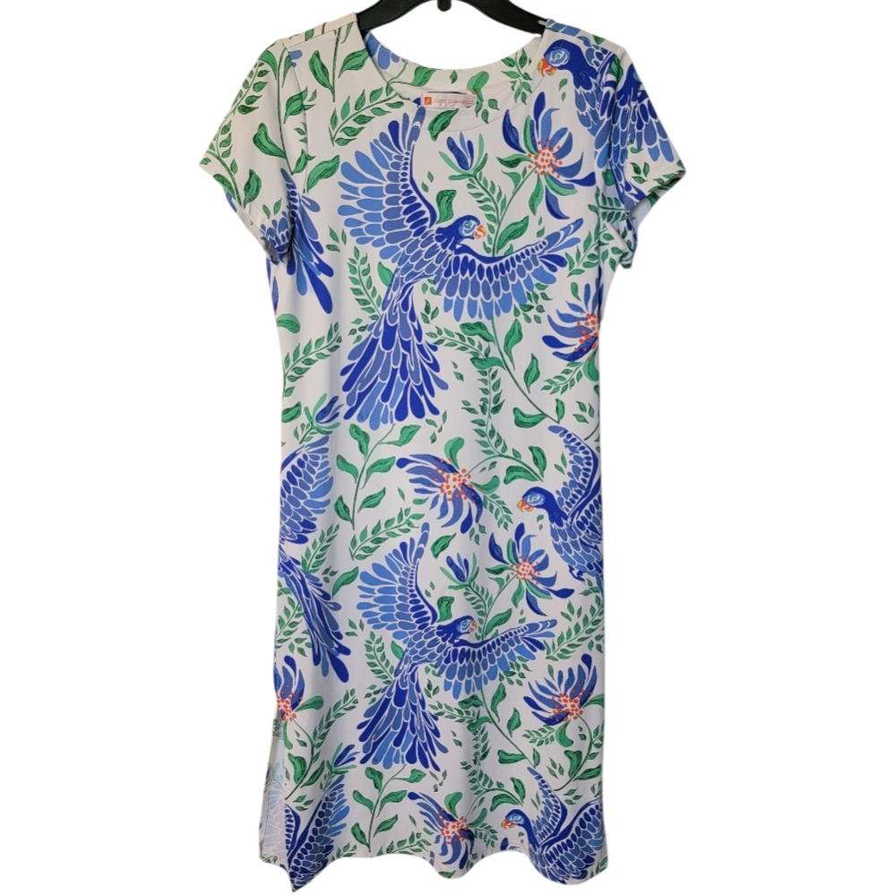 Jude Connally Blue‎ Bird Dress Stretch Coastal Preppy Casual Nylon Spandex S